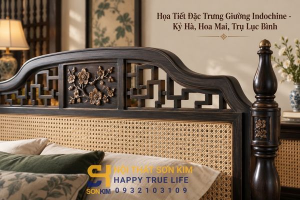 Họa tiết đặc trưng giường Indochine - kỷ hà, hoa mai, trụ lục bình