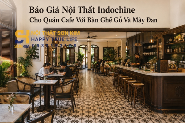 Báo giá nội thất Indochine cho quán cafe với bàn ghế gỗ và mây đan
