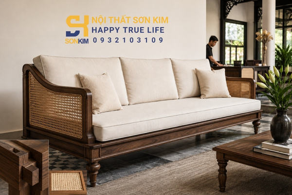 Bảng giá sofa Indochine khung gỗ tự nhiên tay vịn mây đan thủ công