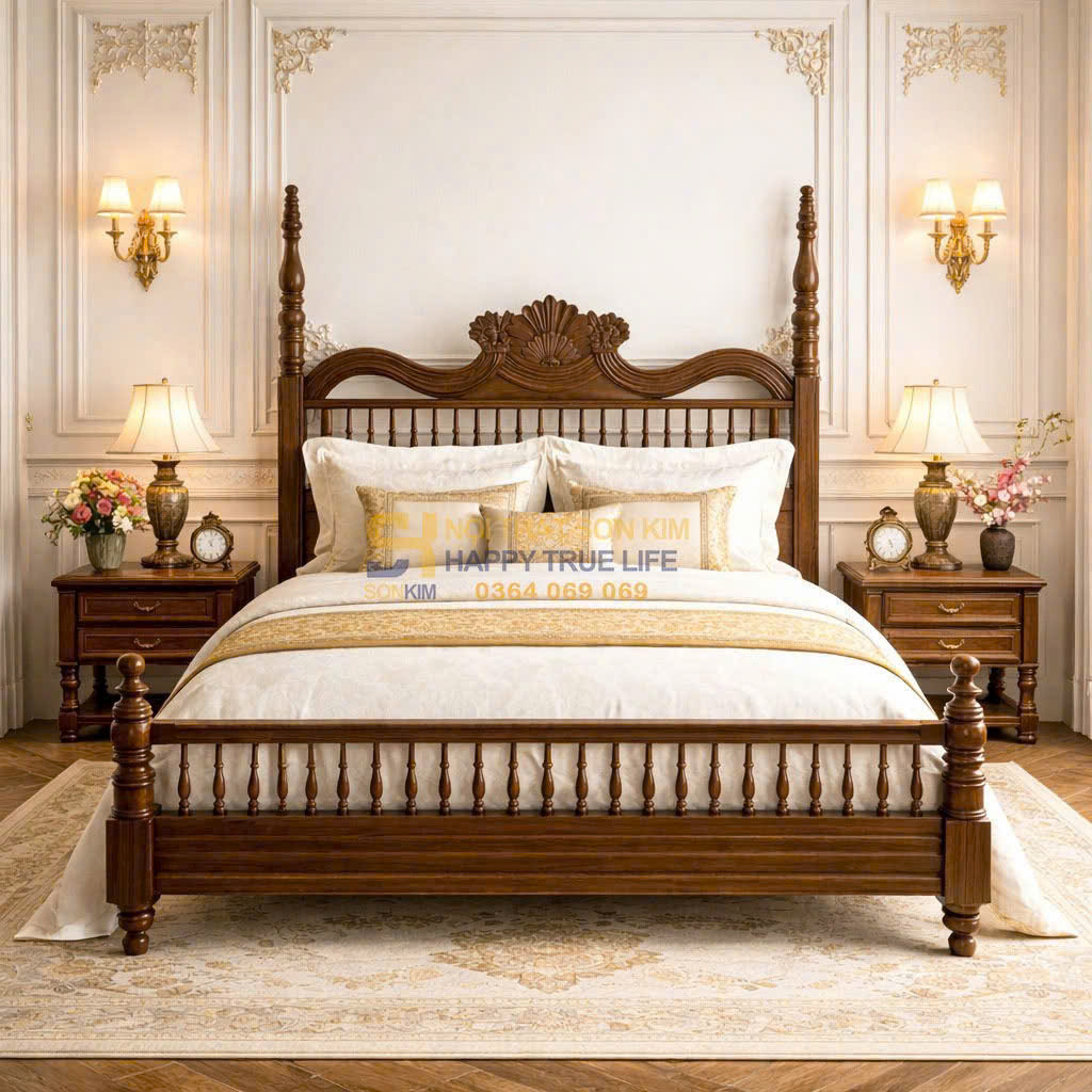 Giường ngủ Indochine gỗ sồi Nga chạm khắc tinh xảo