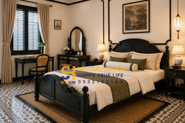 Giường indochine gỗ sồi Nga vân gỗ tự nhiên