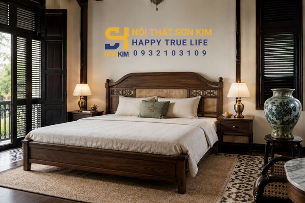 Giường ngủ Indochine gỗ tự nhiên phong cách Đông Dương
