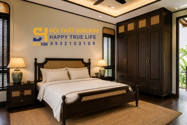 Phối giường ngủ đông dương với tab đầu giường và tủ quần áo Indochine