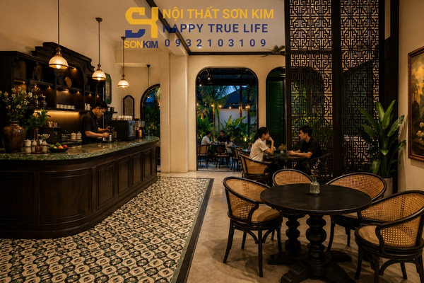 Không gian café phong cách Indochine phối gạch bông và vách CNC họa tiết
