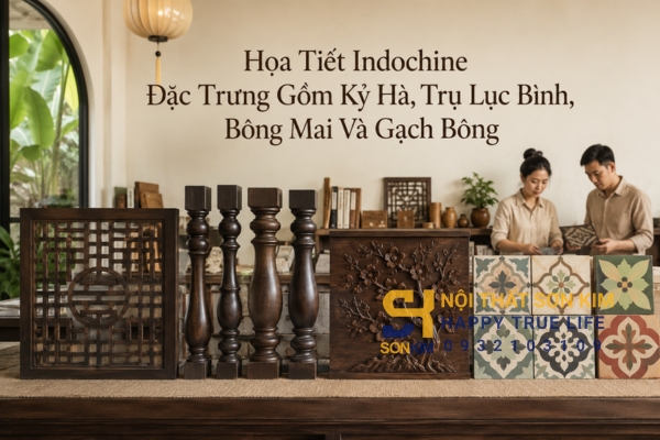 Họa tiết Indochine đặc trưng gồm kỷ hà, trụ lục bình, bông mai và gạch bông