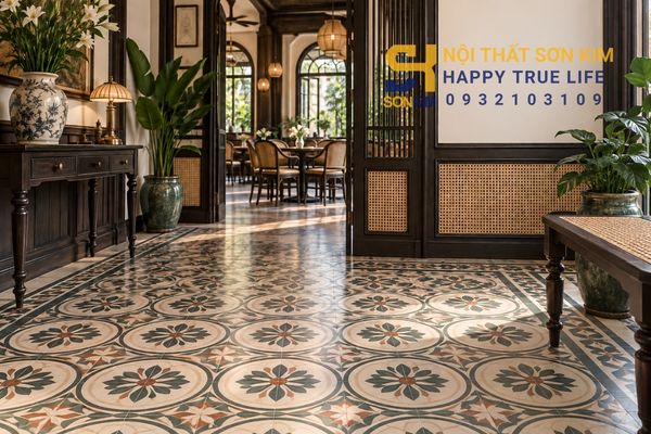 Gạch bông họa tiết kỷ hà vòng tròn và hoa thị cho sảnh Indochine