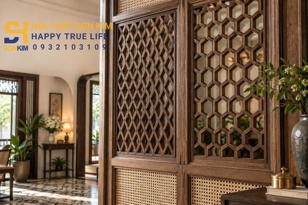 Họa tiết kỷ hà mắc lưới hình thoi và lục giác trên vách gỗ Indochine