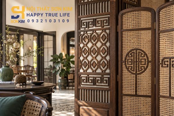 Họa tiết kỷ hà Indochine trên vách gỗ và bình phong mây tre