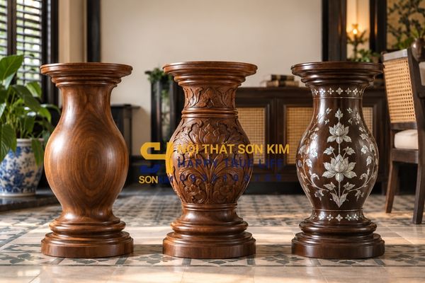 Ba mức độ hoa văn trụ lục bình: trơn, chạm nổi, khảm xà cừ
