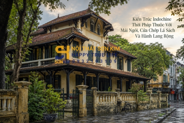 Kiến trúc Indochine thời Pháp thuộc với mái ngói, cửa chớp lá sách và hành lang rộng