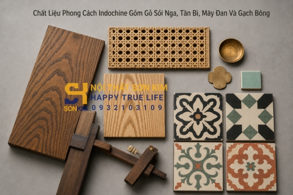 Chất liệu phong cách Indochine gồm gỗ sồi Nga, tần bì, mây đan và gạch bông