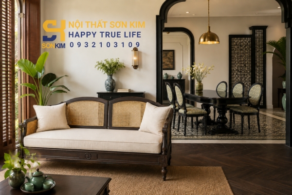 Sofa Indochine khung gỗ mây đan và bàn ăn Indochine chân tiện lục bình