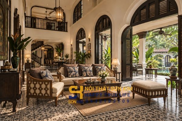 kiến trúc Indochine trần cao cửa vòm gạch bông