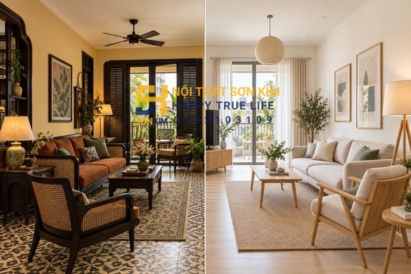 So sánh phong cách Indochine và Scandinavian trong cùng một mặt bằng phòng khách