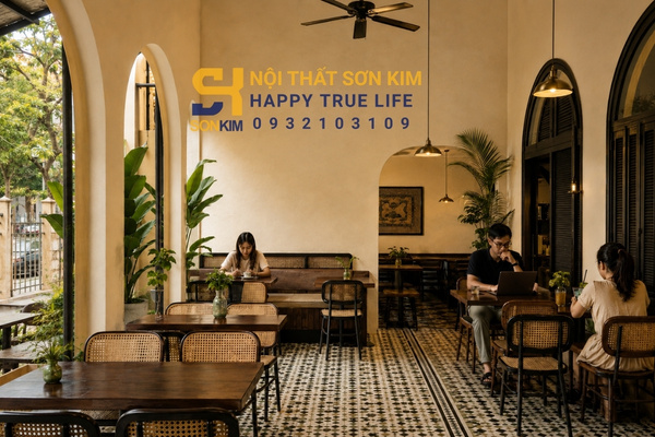 Ứng dụng phong cách kiến trúc Indochine cho quán cafe với bàn gỗ và ghế mây đan