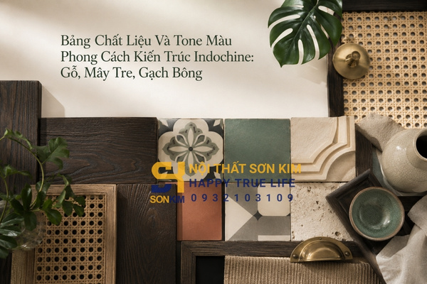 Bảng chất liệu và tone màu phong cách kiến trúc Indochine: gỗ, mây tre, gạch bông