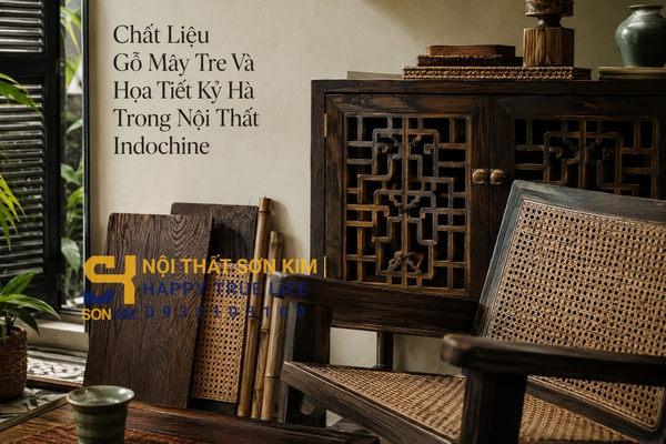 Chất liệu gỗ mây tre và họa tiết kỷ hà trong nội thất Indochine