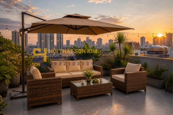 bộ bàn ghế để sân thượng chung cư mây nhựa ô dù lệch tâm