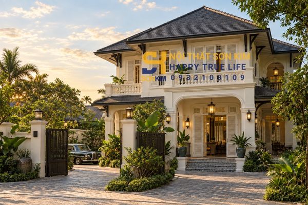 Mẫu biệt thự Indochine đẹp mặt tiền cửa lá sách trắng ngà mái ngói ardoise