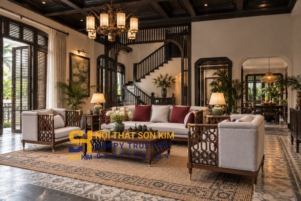 Hình ảnh biệt thự Indochine phòng khách sofa gỗ gõ đỏ đệm linen trần giả gỗ đen ebony
