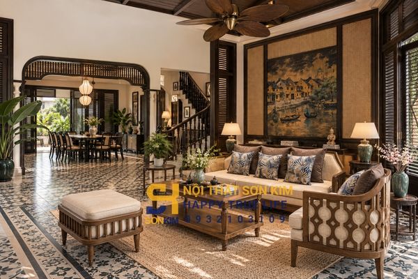 Biệt thự Indochine đẹp dự án thi công thực tế cửa lá sách vách mây tre