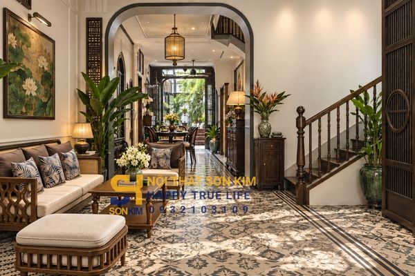 Mẫu nhà phố Indochine đẹp cửa vòm gạch bông kỷ hà