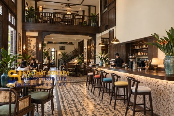 Mẫu quán cafe Indochine đẹp 90m2 hai tầng gạch bông tường lambri