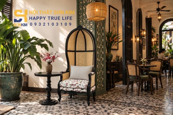 Góc check-in quán cafe phong cách Indochine đẹp ghế lồng chim đèn lồng mây