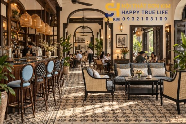 Mẫu quán cafe Indochine đẹp – tổng quan không gian gỗ tự nhiên và gạch bông