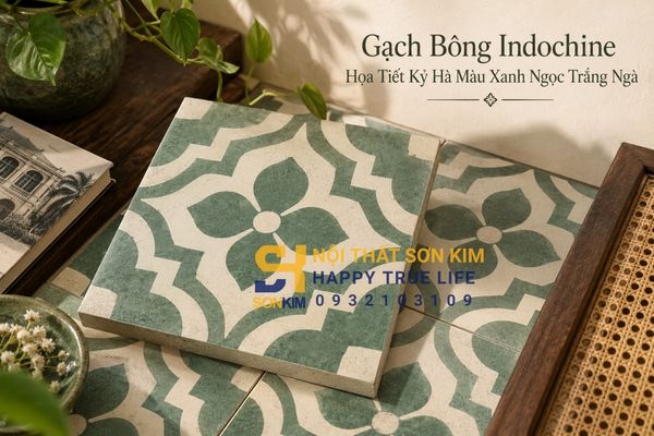 Gạch bông Indochine họa tiết kỷ hà màu xanh ngọc trắng ngà