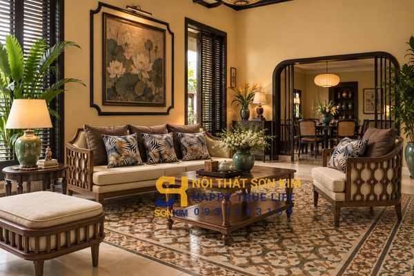 Phòng khách phong cách Indochine tone vàng nâu và xanh ngọc
