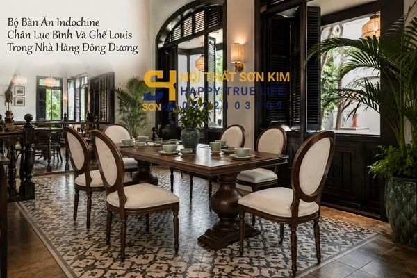 Bộ bàn ăn Indochine chân lục bình và ghế Louis trong nhà hàng Đông Dương