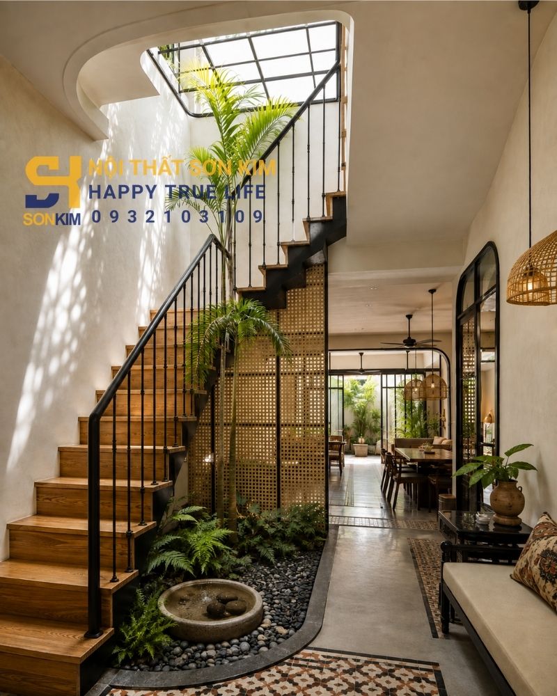 nhà ống phong cách indochine với giếng trời và cầu thang cạnh giếng