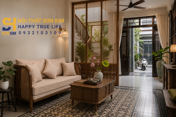 phòng khách nhà phố phong cách đông dương với vách nan mây và sofa gỗ