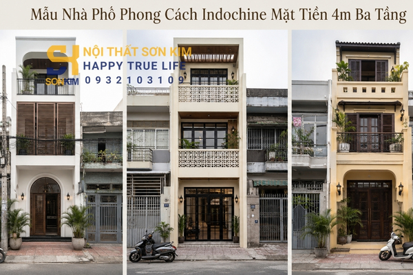 mẫu nhà phố phong cách indochine mặt tiền 4m ba tầng
