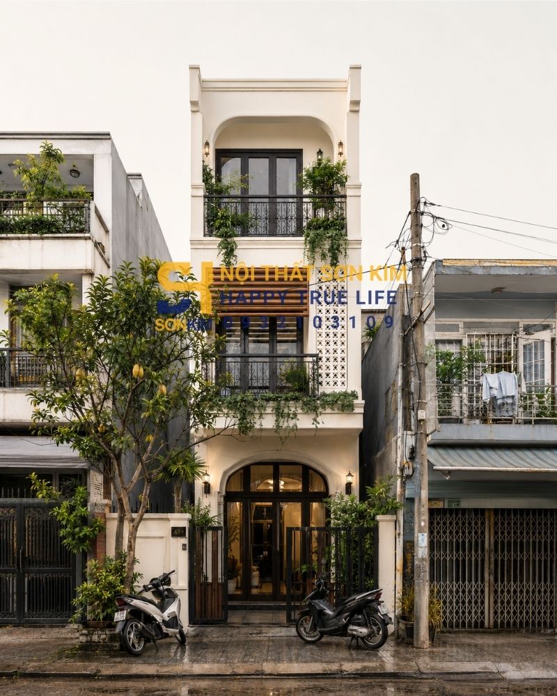 mặt tiền nhà phố Indochine 4m có cửa vòm và lam gỗ