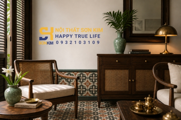 Chất liệu nhà Indochine gỗ tần bì mây tre đan gạch bông đồng thau