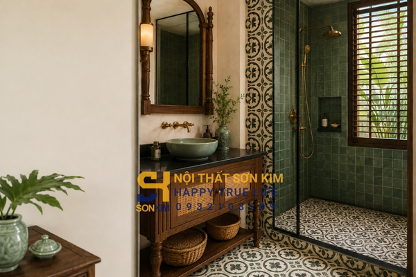 Nhà vệ sinh Indochine phong cách Đông Dương với gạch bông và gỗ tự nhiên
