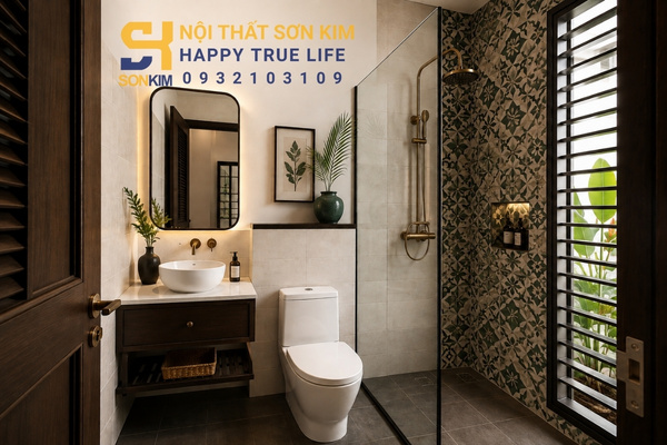 WC Indochine nhỏ dưới 3m2 với gạch bông và lavabo treo