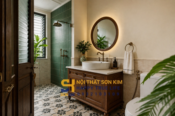 Tủ chậu lavabo gỗ sồi phong cách Indochine với gương tròn khung gỗ