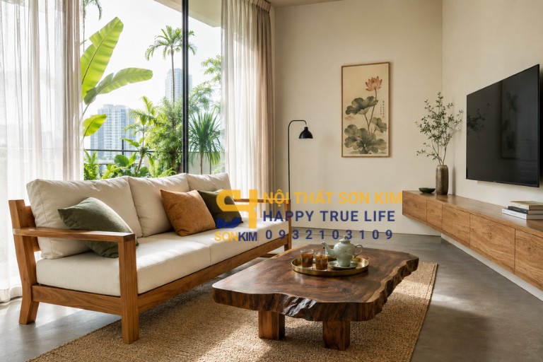 Mẫu nội thất gỗ tự nhiên đẹp phòng khách