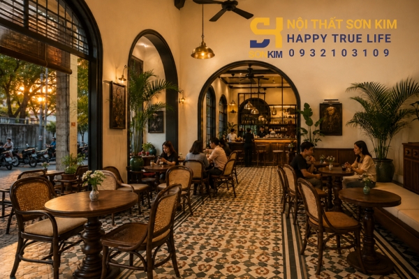 Nội thất Indochine cho quán cafe với gạch bông và bàn ghế gỗ mây