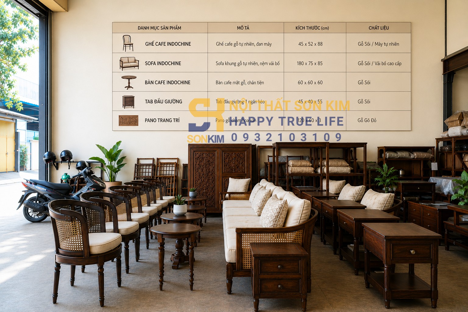 bảng giá nội thất Indochine tại xưởng sản phẩm hoàn thiện