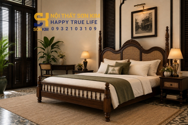 Giường ngủ gỗ sồi Nga phong cách Indochine Sơn Kim
