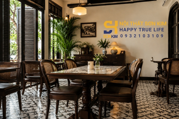Bàn ghế gỗ sồi Nga cho quán cà phê phong cách Đông Dương