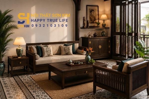 Nội thất Indochine gỗ sồi Nga phòng khách tone nâu trầm