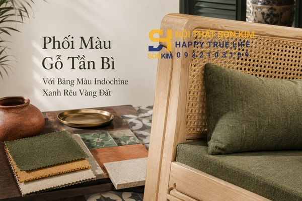 Phối màu gỗ tần bì với bảng màu Indochine xanh rêu vàng đất