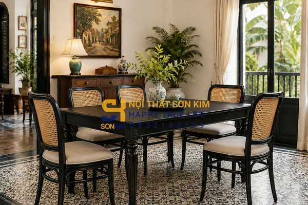 Nội thất Indochine gỗ tần bì sơn đen phối mây đan