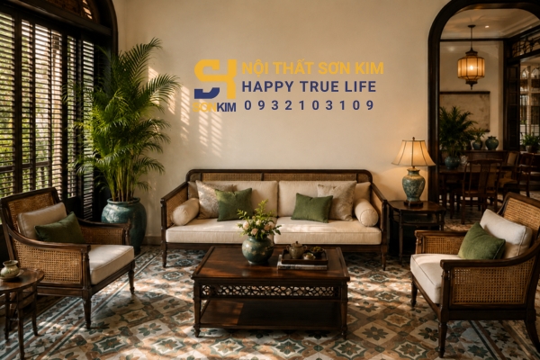 Nội thất Indochine phong cách Đông Dương với gỗ tự nhiên và mây đan