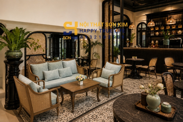 Nội thất mây tre đan trong quán cafe phong cách Indochine